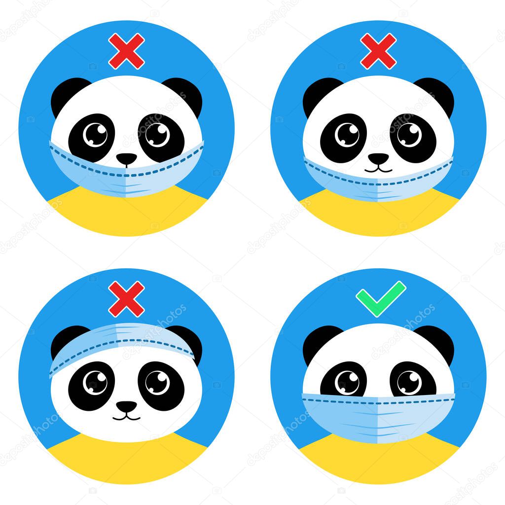 The cute panda bear shows how to wear face mask correctly. Right and wrong ways of wearing medical protective mask. Cartoony instruction for kids