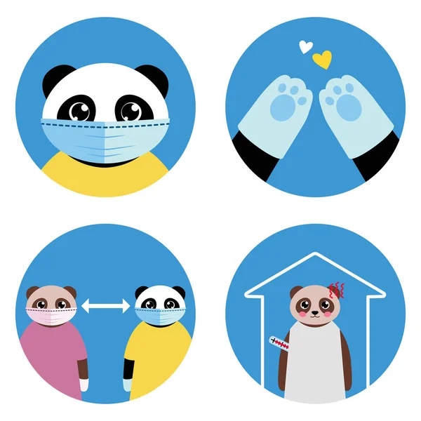 Förhindra Spridning Coronavirus Säkerhetstips Illustrerad Söt Tecknad Panda Björn Platt — Stock vektor