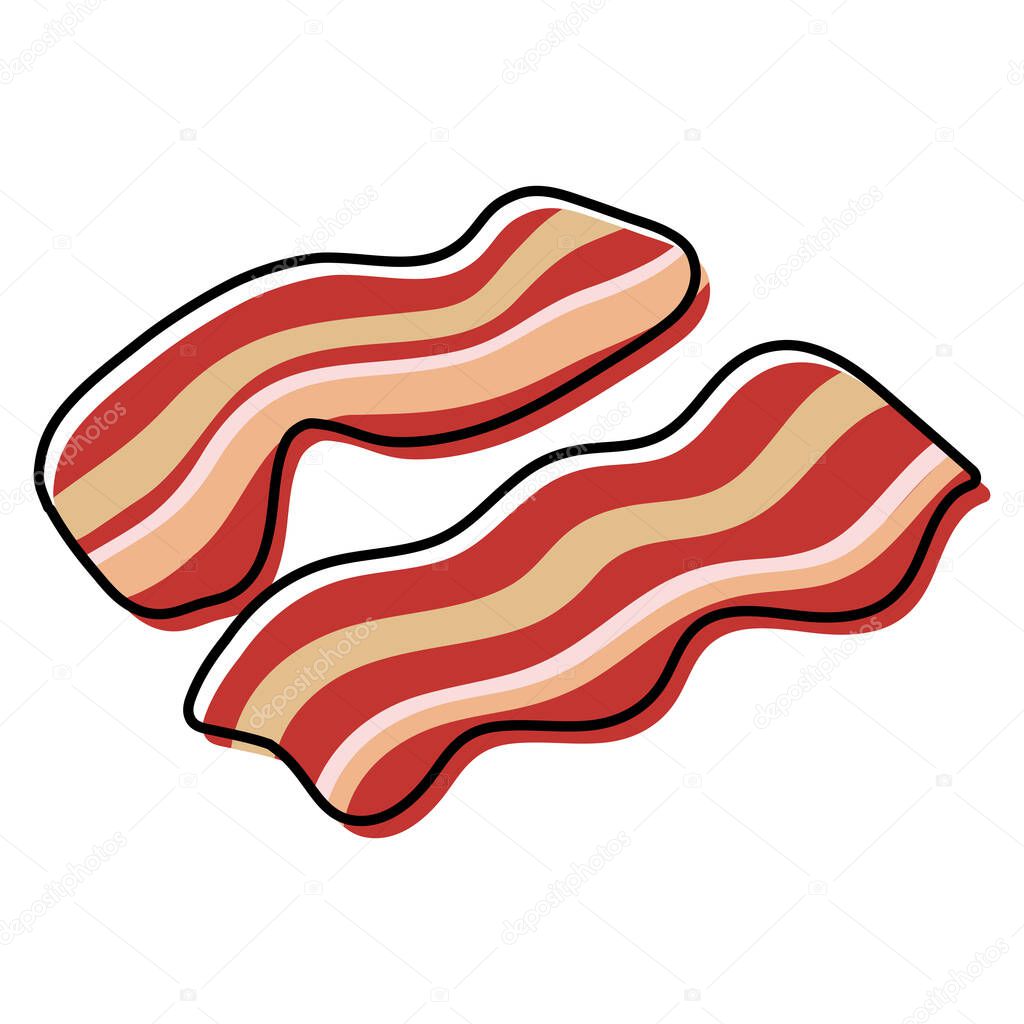 Two slices of wavy bacon on white background. Cartoony bacon strips roasted. Simplified, outline color filled vector illustration, isolated