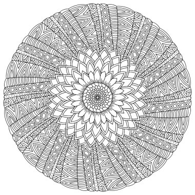 Mandala boyama sayfasından çiçek kaktüsü manzarası. Çiçekli kaktüs siyah ve beyaz stok vektör çizimi. Süslü dekoratif çizgili karikatür ev bitkisi monokrom çizimi.