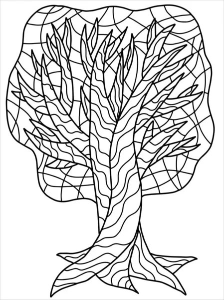 Tree Coloring Book Page Black Outline Big Old Tree Isolated — Stock Vector