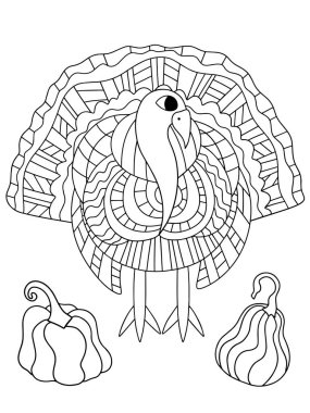 Şirin canlı hindi kuşu ve iki balkabağı stok vektör çizimi. Çocuklar ve yetişkinler için basit bir sonbahar boyama sayfası. Geleneksel Amerikan bayramı Şükran Günü basılabilir dikey çalışma tablosu.