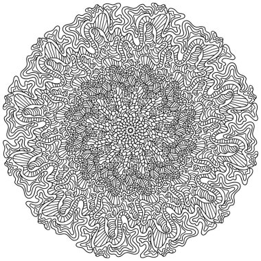  Soyut mandala hisse senedi temsili. Dalgalı süslemeli mandala çizgili ve siyah çizgili beyaz üzerine izole edilmiş. Çocuklar ve yetişkinler için stres önleyici ayrıntı içeren simetri yuvarlak