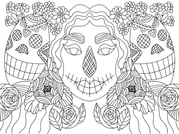 Korkunç Kadın Iki Kafatası Maskesi Çiçek Açan Çiçek Boyama Sayfası — Stok Vektör