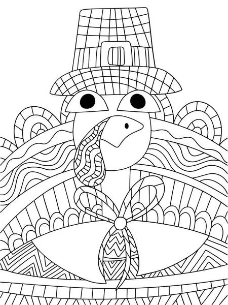 有趣的漫画感恩节火鸡彩绘页鱼群图解 详细的活火鸡在朝圣的帽子彩色页为儿童和成年人 传统的非法定假日图解 — 图库矢量图片
