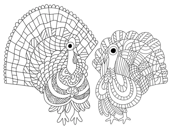Two Turkey Birds Vector Coloring Page Thanksgiving Day Funny Simple — Stock Vector