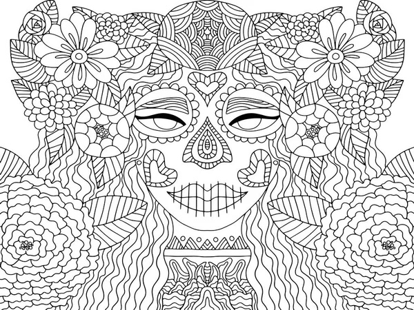 Día Página Para Colorear Mujer Floral Muerta Para Niños Adultos — Vector de stock