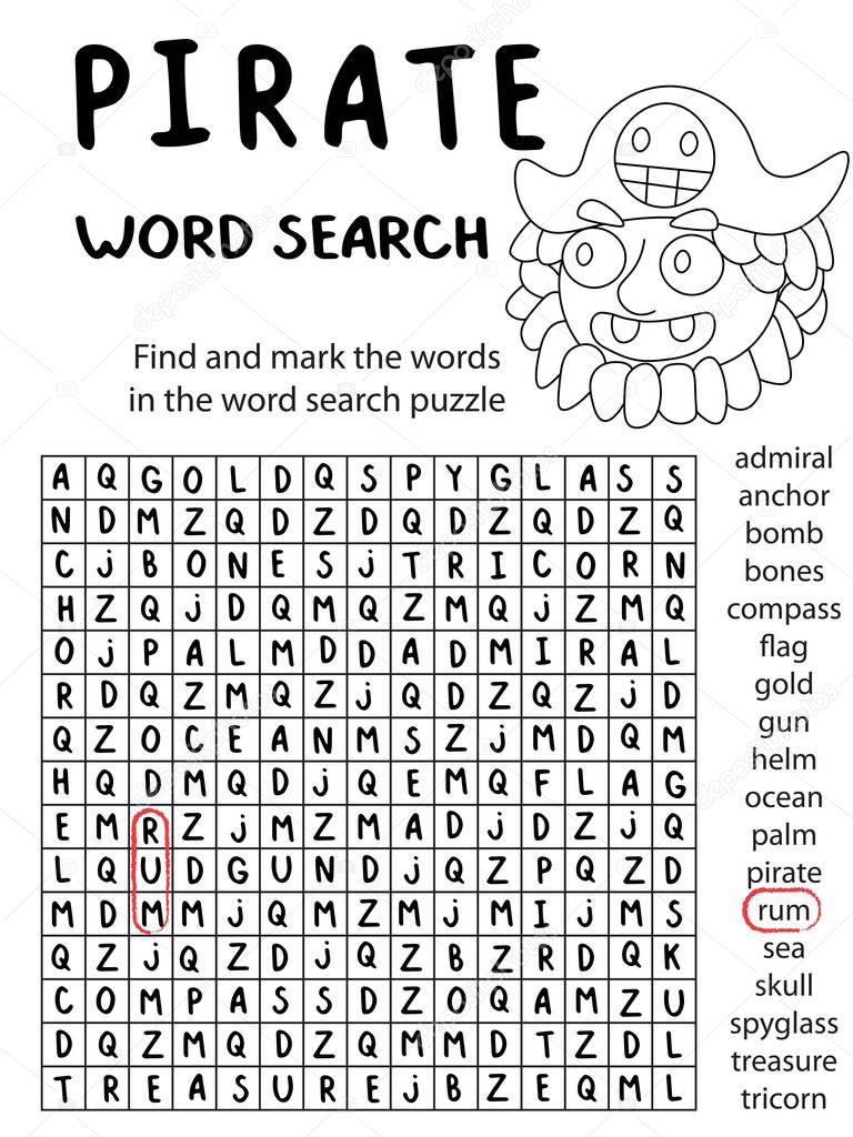 Pirate captain word search puzzle. Find and mark the words in puzzle stock vector illustration. Black and white worksheet for kids. Coloring pirate and find english language words game. One of series.