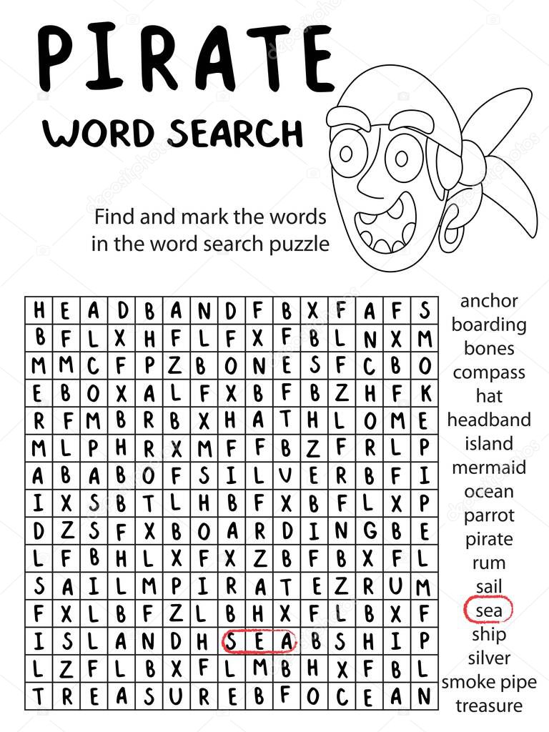 Word search puzzle with little coloring pirate for children stock vector illustration. International talk like a pirate day children worksheet. Pirate word search and white printable illustration.