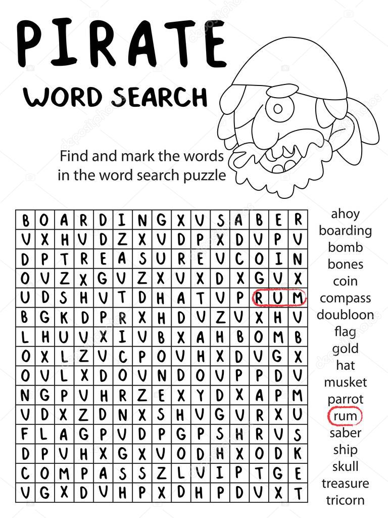 Pirate word search puzzle for kids vector illustration. Educational english language word game with pirate theme. Black and white vertical printable worksheet with little coloring and word searching.