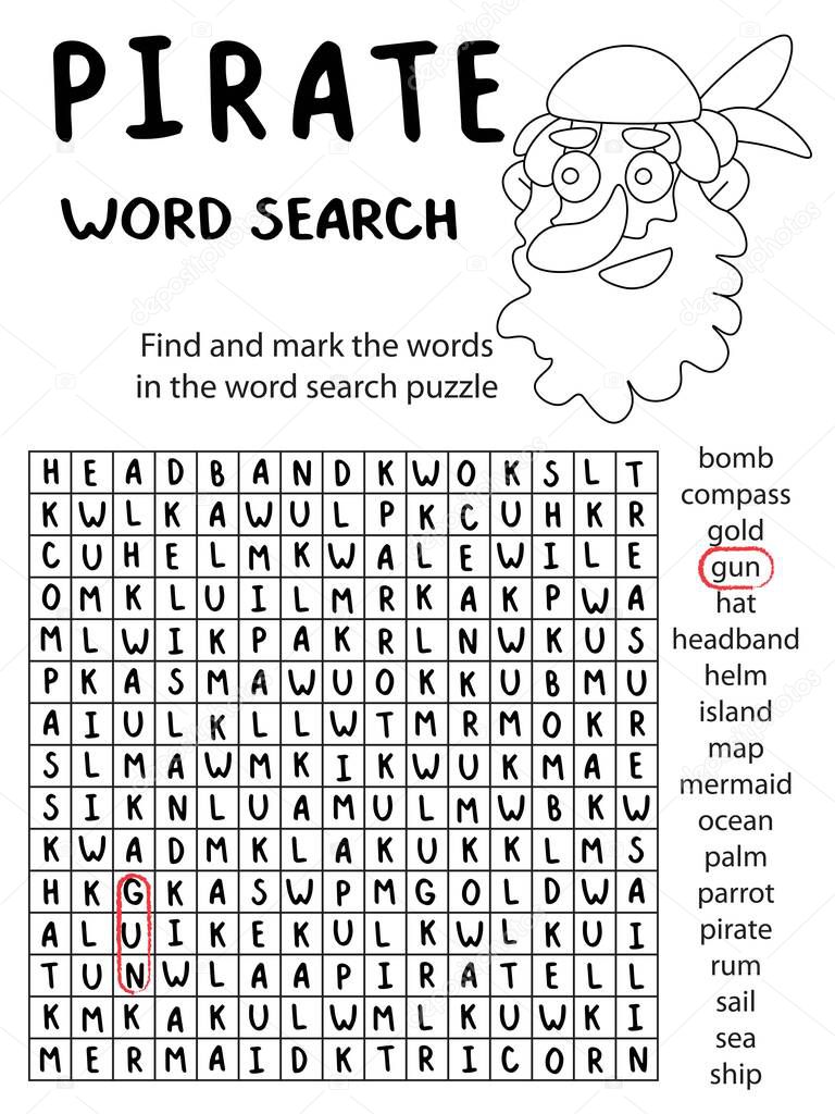 Pirate themed word search puzzle stock vector illustration. Black and white vertical children worksheet with 18 english words to find. Educational funny pirate game with coloring and word search.