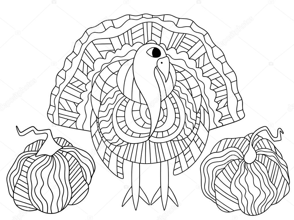  Alive turkey bird and two pumpkins stock vector illustration. Happy thanksgiving day coloring page for kids and adults. Detailed ornamental turkey bird and pumpkins horizontal printable worksheet.