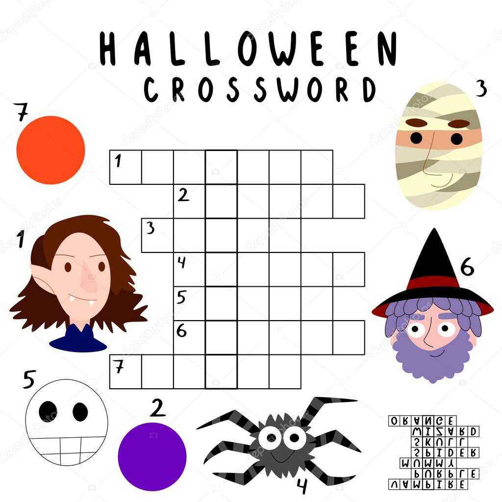  Halloween crossword for kids stock vector illustration. Simple printable square thematic crossword with answer. Simple english language word game for children with little cartoon arts illustration.