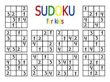  Çocuklar için hazırlanmış sudoku sayısı vektör illüstrasyonu. Beinners için 10 kolay sudoku oyunu dörde dört. Düşünmek için basit bir Japon mantık bulmacası. 1 'den 4' e kadar tüm boş alan numaralarını tamamla.