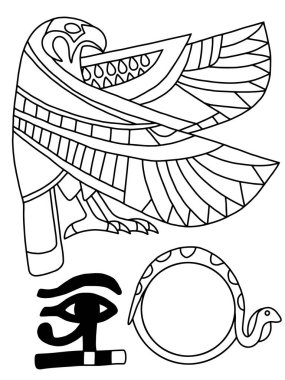 Üç Antik Mısır seti izole edilmiş elementler stok vektör illüstrasyonu. Güneş tanrısı Ra, Uranüs ve Horus 'un gözü beyazın üzerinde. Papirüsten basit bir Eski Mısır grafiği.