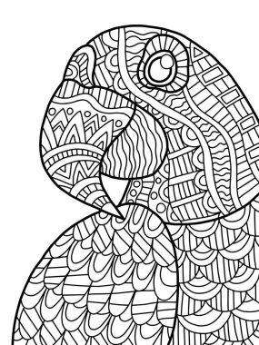 Blue macaw portrait coloring page for kids and adults. Tropical exotic cartoon parrot stock vector illustration. Funny detailed zentangle bird black outline on white background. One of a series. clipart