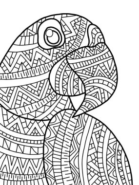 Funny smiling cartoon blue macaw coloring page for kids and adults. Exotic tropical doodle bird for coloring. Decorative parrot portrait in black on white background. One of a series. clipart