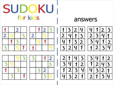 Çocuklar için sudoku bulmacası. Yeni başlayanlar için basit bir sudoku bilmecesi. Rakamlarla oynanan mantıklı matematik oyunu. Çocuklar için eğitim sayımı bulmacası. Yazdırılabilir eğitim oyunu. 