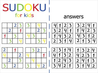 Sayıları öğrenmek ve çocuklar için sayı sayma alıştırması yapmak. Cevabı olan çocuklar için mantık çerçevesinde hızlı basılabilir. İçeride akıl oyunu oynuyor. Yazdırmak için beyaz şablona izole edilmiş. Renkli sudoku çalışma tablosu.