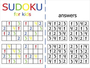 Çocuklar için basit sudoku seti. Ev eğlencesi için dört basit mantıksal nomber oyunu. Dörde dört çocuk yapboz. Dizilerden biri..