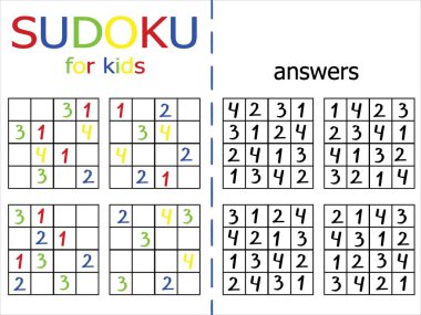 Çocuklar sudoku stok vektör illüstrasyonu. Numaralı eğitici bulmaca. Mantıksal görsel bulmaca. Düşünmek için sudoku dörde dört. Cevabı olan sayısal bulmaca grafik görevi. Çocuk için beyin aktivitesi 