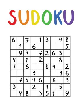 Çocuklar ve yetişkinler için mantık oyunu. Ev eğlencesi için klasik 9 'a 9 sudoku. Sudoku oyunu dikey basılabilir hisse senedi çizimi. Sayılarla matematik okulu zekası. Dizilerden biri.