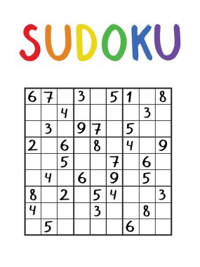 Yazdırılabilir sudoku vektör oyunu yağmur başlığıyla beyaza izole edildi. Mantıklı sayı bulmacası olan eğitici çalışma tablosu. Sudoku klasik oyunu 9 'a 9 dikey illüstrasyon. Dizilerden biri..