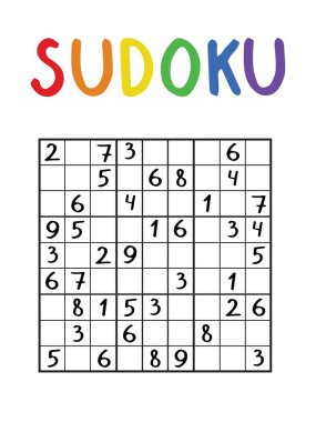 Çocuklar ve yetişkinler için 9 'a 9 klasik sudoku oyunu. Mantık numarası oyunu dikey yazdırılabilir çalışma tablosu. Japon yapbozu stok vektör illüstrasyonu. Renkli başlıklı siyah beyaz bulmaca.