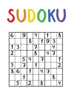 Çocuklar ve yetişkinler için sudoku. Ev eğlencesi için sudoku bulmacası stok vektör çizimi. Japon mantık numarası matematik oyunu. Beyaz arkaplanda izole edilmiş sözel vektör yazdırılabilir labirent. Dizilerden biri..
