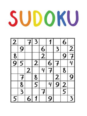 Klasik sudoku oyunu stok vektör çizimi. 9 'a 9 sudoku seviyesi bulmacası cevapsız. Renkli başlıklı siyah beyaz mantık bulmacası. Sudoku stok vektör illüstrasyonu.