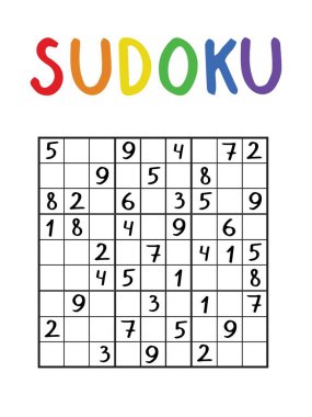 Klasik sudoku oyunu. Renkli isimli mantıksal bir oyun. Okul ödevi için Japon mantık bulmacası. Sudoku stok vektör illüstrasyonu. Birden dokuza matematik oyunu illüstrasyonu.