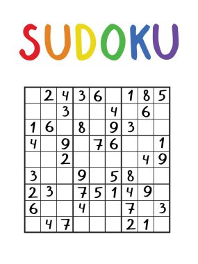 Renkli klasik sudoku oyunu stok vektör çizimi. Çocuklar ve yetişkinler için eğlenceli sayıdaki mantıksal oyun basılabilir çalışma tablosu. Her sütun, sıra ve bölgede 1 'den 9' a kadar tüm boş yerleri doldur.