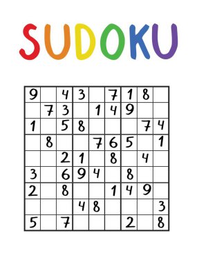 Sudoku bulmacası 9 'a 9, vektör çizimi. Numara mantıksal Japon oyunu. Renkli başlıklı siyah beyaz kare yapboz. Dizilerden biri..