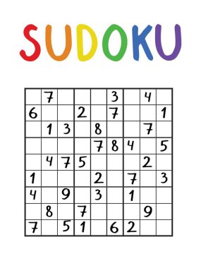 Çocuklar ve yetişkinler için komik sudoku oyunu. Orta seviye için mantık oyunu. Renkli başlıklı siyah ana hat beyaz üzerine izole edilmiş. Sudoku bulmacası stok vektör çizimi. Yazdırılabilir vektör yapboz sayfası.