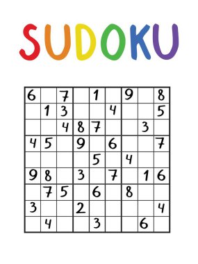 Çocuklar ve yetişkinler için klasik sudoku 9 'a 9. Mantıksal sayı oyunu. Renkli başlıklı siyah beyaz bulmaca. Mantıksal matematik çalışma tablosu. Beyazın üstüne birden dokuza kadar beyin geliştirici. Yazdırılabilir kağıt oyunu.