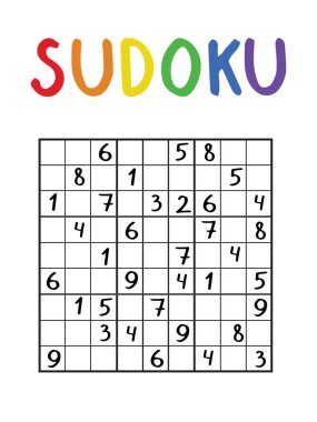 Beyaz üzerine izole edilmiş klasik orta boy sudoku. Japon bulmaca stok vektör illüstrasyonu. Çocuklar ve yetişkinler için dikey basılabilir sudoku oyunu. Eğitimsel İngilizce sayı kare mantıksal oyun.