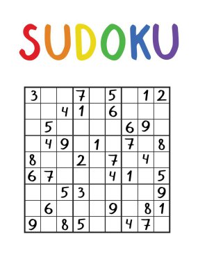 Beyaz stok vektör illüstrasyonunda izole bir klasik sudoku. Siyah ve beyaz, gökkuşağı başlıklı 9 'a 9 sudoku oyunu. Cevapsız dikey basılabilir mantıksal oyun. Çocuklar için orta boy sudoku.