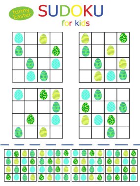 Komik renkli yumurtalı Paskalya sudoku koleksiyonun kutlu olsun. Cevabı olan çocuklar için 4 'e 4 mantıksal oyun. Paskalya bayramları için hazırlanmış sudoku oyunları stok vektör illüstrasyonu. Dizilerden biri.. 