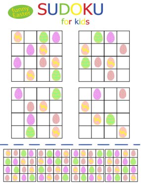 Çocuklar için bulmaca Paskalya sudokusu stok vektör çizimi. Beyaz arka planda komik renkli yumurtaları olan vejetaryen basılabilir kağıt oyunu. Dörde dört masa ve cevaplar üzerinde en basit sudoku oyunu.
