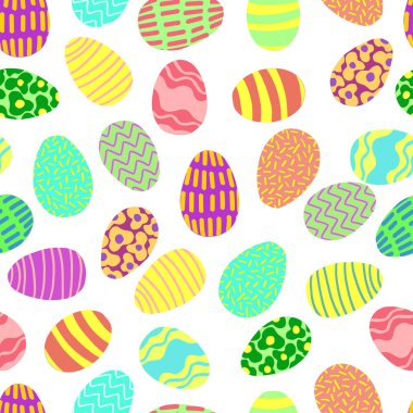 Mutlu Paskalya hisse senedi temsilleri. Beyaz pürüzsüz desenli komik renkli yumurtalar. Duvar kağıdı, ambalaj, davetiye ve tekstil için bitmeyen bahar elips süsü. Sonsuz çocuksu dokunun karesi.