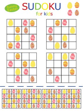 Çocuklar için mutlu Paskalya sade suduku seti. Renkli yumurtalar bahar tatilleri için basılabilir mantıksal oyun. Dikey koleksiyon 4 'e 4 sudoku bulmacası stok vektör illüstrasyonu. Dizilerden biri.. 