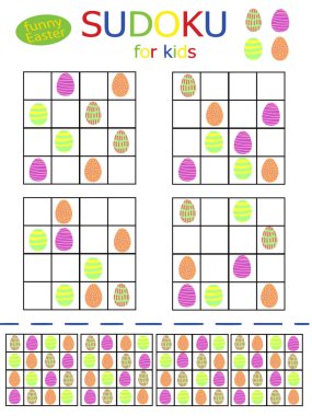 Çocukların komik paskalya seti için sudoku. Renkli yumurta stok vektör illüstrasyonlu basit sudoku oyununun basılabilir dikey seti. Bahar çocukları tatillerinde tatlı bilmeceler ve aşağıdaki cevaplarla. Dizilerden biri..