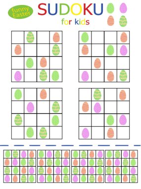 Çocuklar için mutlu Paskalya sade suduku seti. Renkli yumurtalar bahar tatilleri için basılabilir mantıksal oyun. Dikey koleksiyon 4 'e 4 sudoku bulmacası stok vektör illüstrasyonu. Dizilerden biri.. 