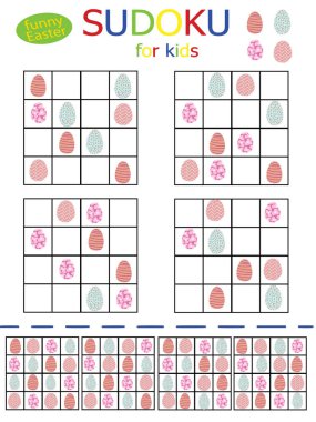 Çocuklar için komik yumurtalı sudoku bulmacalı mevsimlik mutlu bir Paskalya. Paskalya tatili için eğitici mantık basılabilir dikey çalışma tablosu. Beyin aktivitesi için 4 'e 4 sudoku oyunu ve aşağıdaki cevaplar