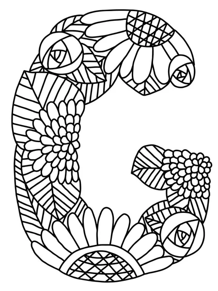 Цветущая Цветочная Буква Векторная Иллюстрация Графический Чёрный Изолированный Контур Английской — стоковый вектор