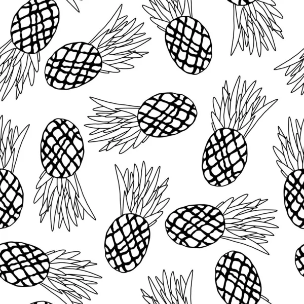 Ananas Frais Vecteur Motif Sans Couture Ananas Entiers Contour Noir — Image vectorielle