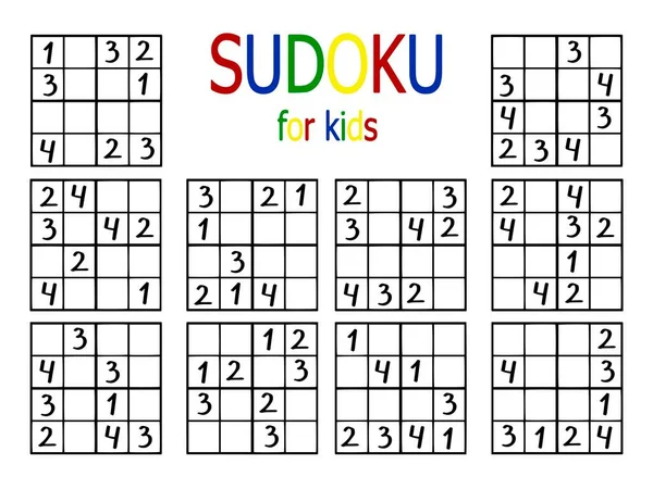  Acemi vektör illüstrasyonu için basit sudoku ayarlandı. Dörde dört sudoku oyunu yatay olarak yazdırılabilir çalışma tablosu. Çocuklar için renkli kolay mantıksal sayı bulmacası. 
