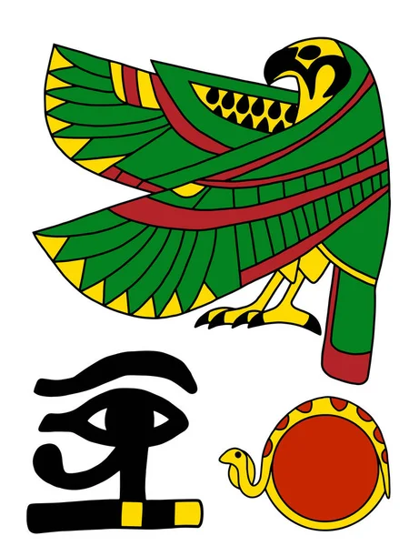 Eski Mısır papirüs resim elementlerinden oluşan bir set. Parlak renkli antik tanrı ve semboller. Güneş tanrısı Ra 'nın, Horus' un ve uraeus 'un gözü, güneş diski olan yılanın stok vektör çizimi.. 