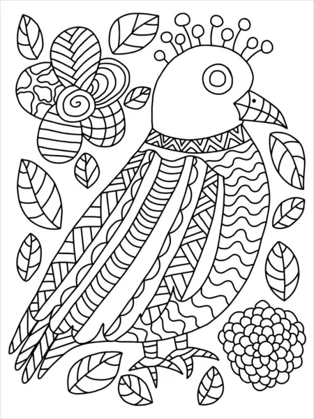 Pájaro Flores Para Colorear Página Del Libro Animal Salvaje Tropical — Vector de stock