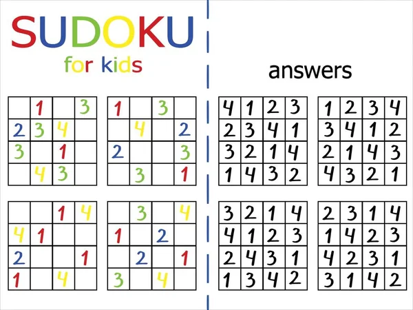 Ev eğlencesi için çocuk sudoku oyunu. Beyaz arka planda renkli bir mantık oyunu. Cevapları olan Japon yapbozu. Çocuklar için sudoku vektör çizimi. Yazdırılabilir sayı matematik çalışma tablosu.